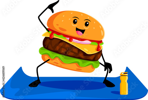 Cartoon fast food hamburger character on yoga fitness sport. Fast food cafe burger happy mascot, street menu dish or takeaway restaurant meal isolated vector cute personage doing fitness on mat