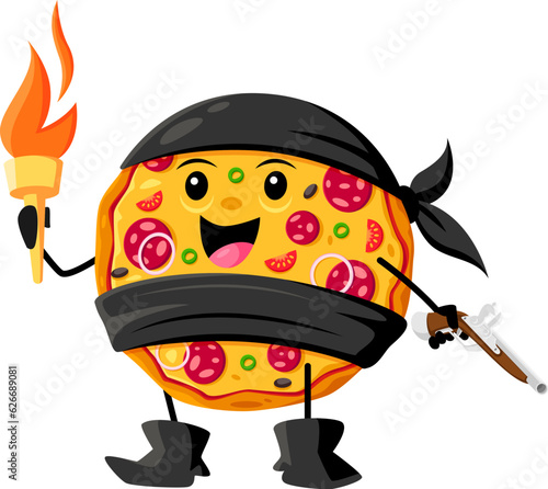 Cartoon fast food pizza pirate and corsair character. Takeaway restaurant meal corsair happy personage, street cafe pizza pirate or filibuster isolated vector childish mascot wit torch and pistol