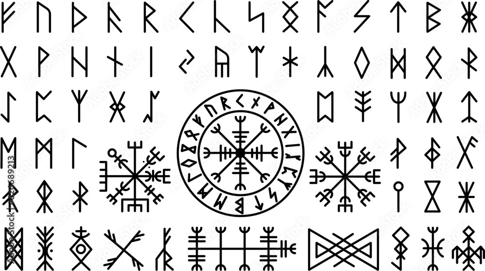 Futhark viking norse. Icelandic mystery collection protection symbol and runes. Magic nordic ancient elements, celtic mythology decent vector set - obrazy, fototapety, plakaty 