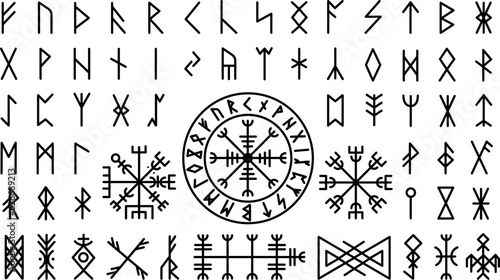 Futhark viking norse. Icelandic mystery collection protection symbol and runes. Magic nordic ancient elements, celtic mythology decent vector set photo