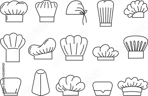 Chef cook hats logo. Chefs doodles head accessories, cooking clothes element. Kitchen or bakery symbols, restaurant neoteric vector signs