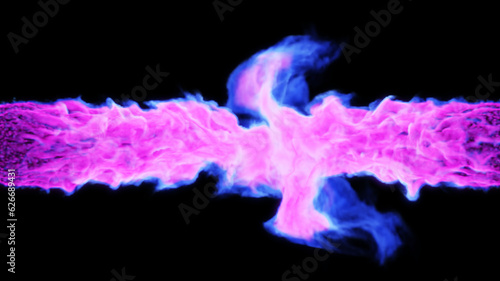 Purple flames on both sides on a black background. 3d illustration. 
