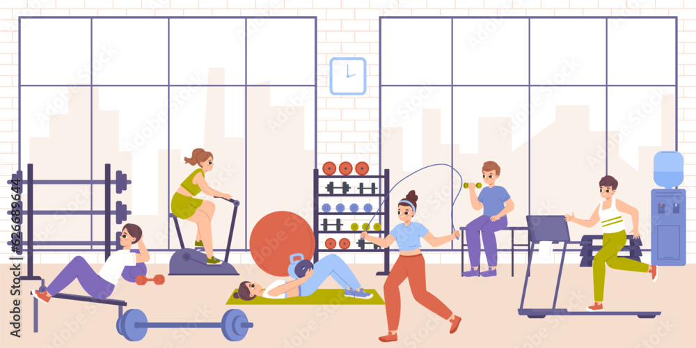 Fototapeta premium People in gym training sports. Athletic men and women with dumbbells, on fit equipment. Sport healthy lifestyle, snugly workout vector scene