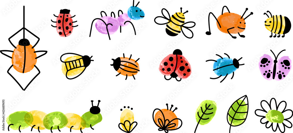 Obraz premium Children style fingerprint art insects. Decorative paint childish graphic, kids drawing spider, bugs, bee. Nursery game vector elements