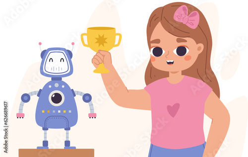 Kid programming robot on robotics competition. Talent science girl with golden winner cup. Electronics, tech education student, snugly vector character