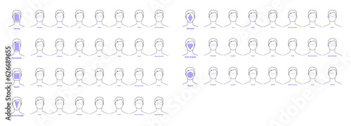 Set of types of glasses for Men seven type faces fashion accessory illustration. Sunglass front view unisex silhouette style, flat rim spectacles eyeglasses, lens sketch style outline isolated
