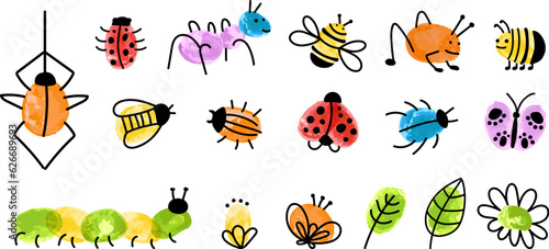 Children style fingerprint art insects. Decorative paint childish graphic, kids drawing spider, bugs, bee. Nursery game vector elements