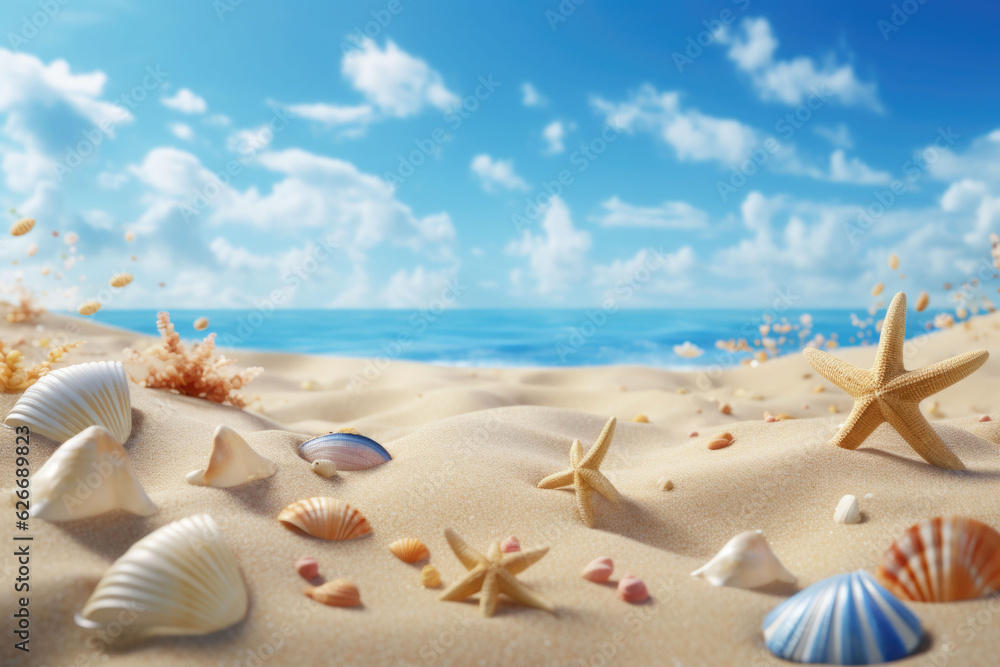 Sandy beach with collections of seashells and starfish as natural textured background