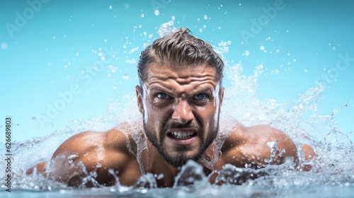 Cute Young man swimming the front crawl in a pool, AI generated image © is