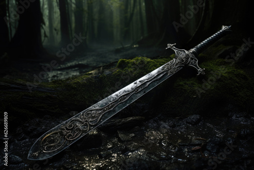 Mysterious magical old sword over gothic forest background. Medieval period concept