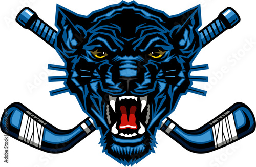 panther mascot head with crossed hockey sticks for school, college or league sports