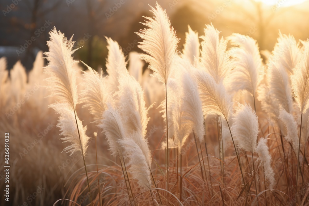 Abstract natural background of soft plants Cortaderia selloana. Pampas grass on a blurry bokeh, Dry reeds boho style. Fluffy stems of tall grass. ai generative - obrazy, fototapety, plakaty 