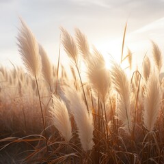 Abstract natural background of soft plants Cortaderia selloana. Pampas grass on a blurry bokeh, Dry reeds boho style. Fluffy stems of tall grass. ai generative