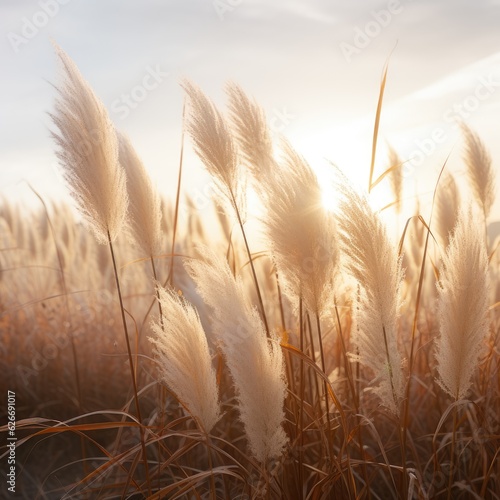 Abstract natural background of soft plants Cortaderia selloana. Pampas grass on a blurry bokeh, Dry reeds boho style. Fluffy stems of tall grass. ai generative