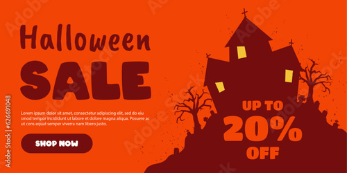 Halloween Sale banner. Vector design for sales promotion on Halloween day with pumpkins, bats, ghosts, haunted house and graveyard decorations.