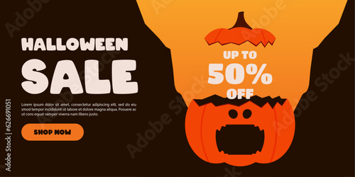 Halloween Sale banner. Vector design for sales promotion on Halloween day with pumpkins, bats, ghosts, haunted house and graveyard decorations.