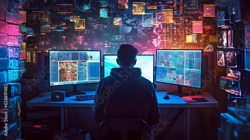 A skilled IT engineer at work with multiple computer monitors, ensuring information security, data protection, and efficient network management. Expertly typing to secure against cyber threats and pot
