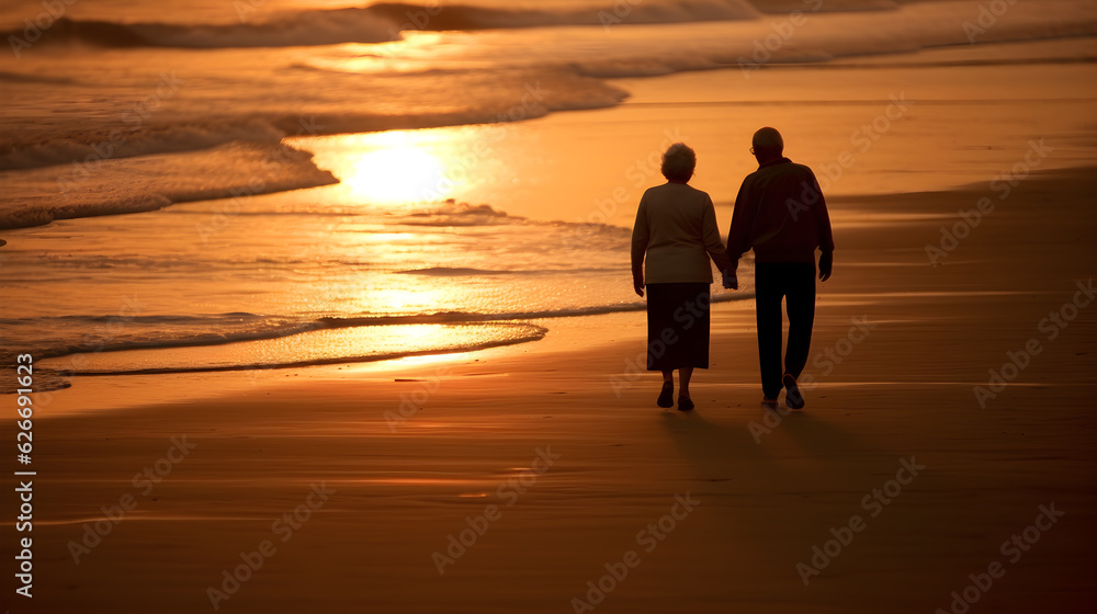 Elderly couple enjoying sunset stroll on the beach, hand in hand. A ...
