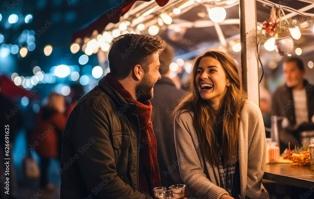 Joyful caucasian couple on a date, laughing and enjoying street food in the city nightlife