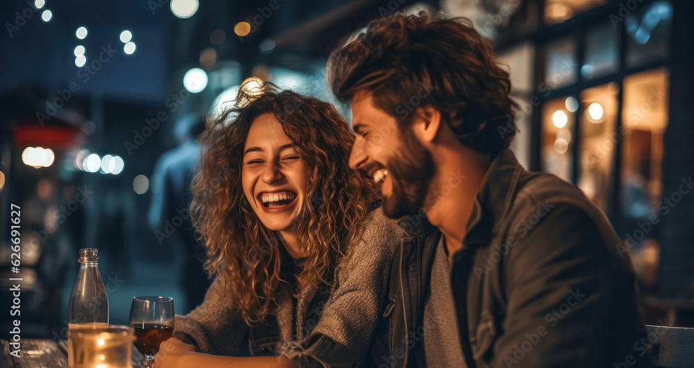 Joyful caucasian couple on a date, laughing and enjoying street food in the city nightlife