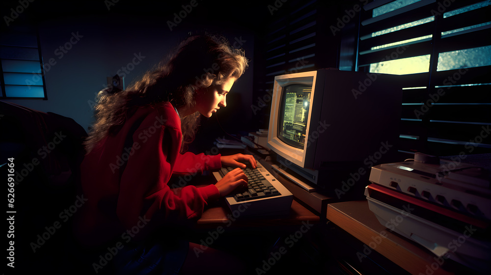 Caucasian young woman in a 90s-style bedroom workshop, programming on vintage desktop PC. Embracing old-fashioned technology for a creative software development project in a retro office setting Caucasian young woman in a 90s-style bedroom workshop, programming on vintage desktop PC. Embracing old-fashioned technology for a creative software development project in a retro office setting