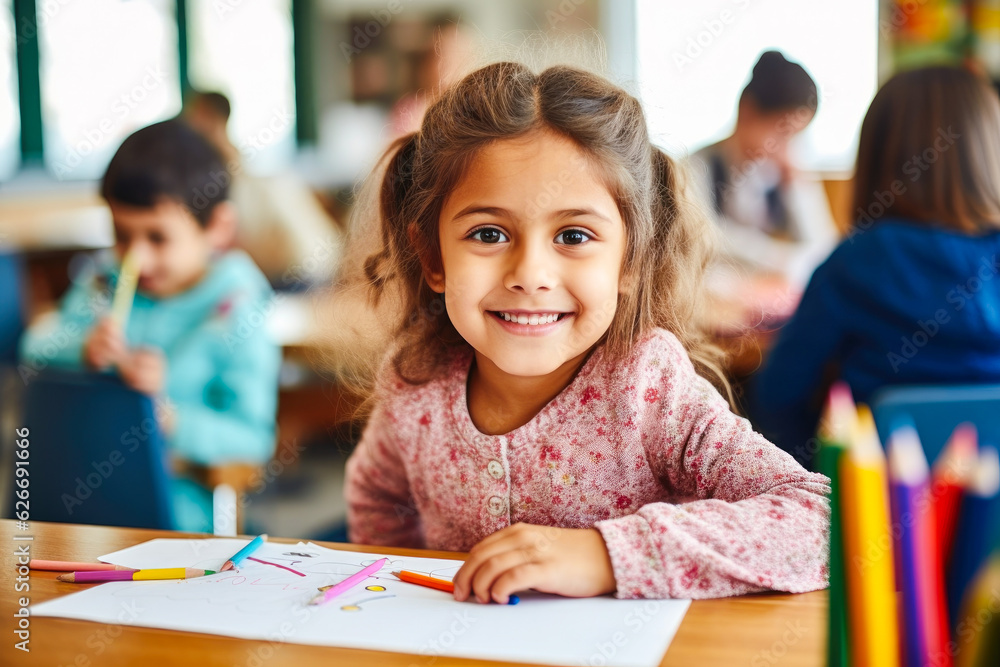 Young girl in school, expressing creativity through art by drawing with colored pencils Young girl in school, expressing creativity through art by drawing with colored pencils