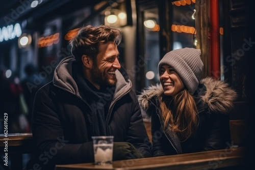 Joyful caucasian couple on a date  laughing and enjoying street food in the city nightlife
