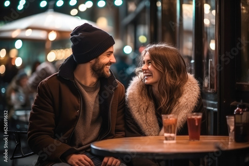 Joyful caucasian couple on a date, laughing and enjoying street food in the city nightlife