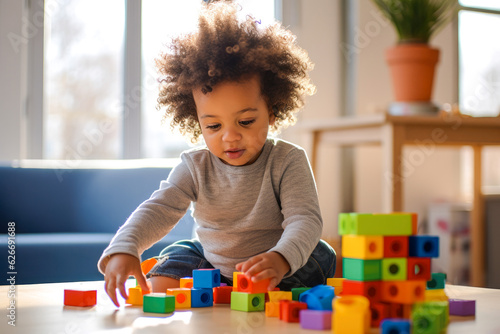 A lifestyle photograph of a young African American toddler playing with colorful wooden block toys