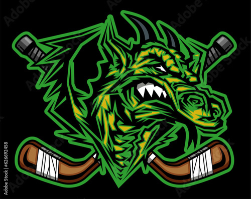 dragon mascot with crossed hockey sticks for school, college or league sports
