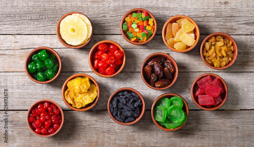 Group of dried and candied fruit in bowl