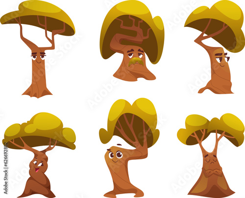 Emotion tree. Cute fairytale old and creepy trees with funny emotion exact vector characters