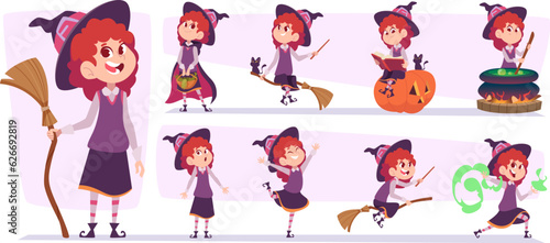 Witch in hat. Little girl fantasy witch making poison exact vector character in purple clothes