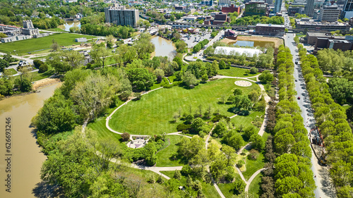 Fototapeta Naklejka Na Ścianę i Meble -  Headwaters Park St. Marys River construction downtown Fort Wayne IN summer aerial