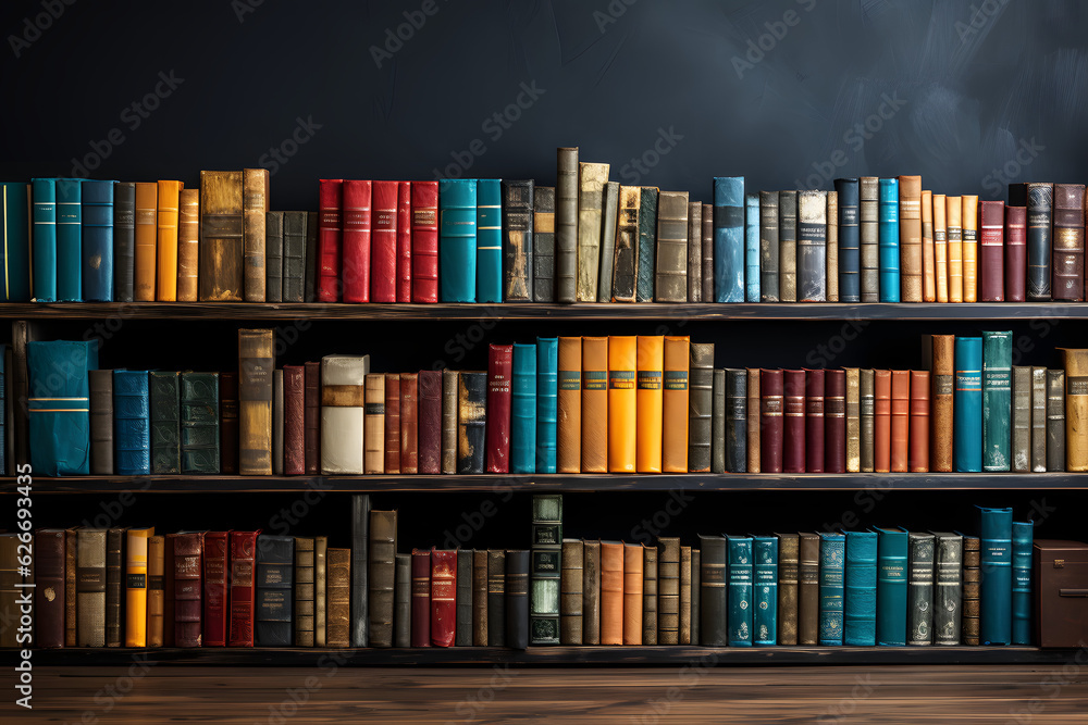 Fototapeta premium Wooden book shelf filled with books in various shape and sizes, hardwood floor Generative AI