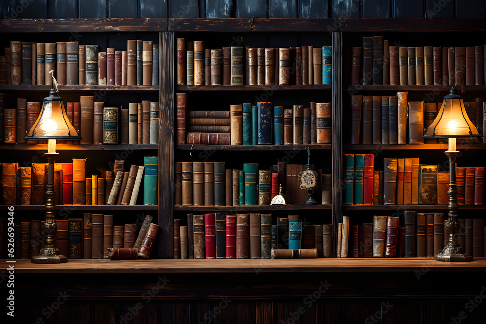 Wooden book shelf filled with books in various shape and sizes, two lighted lamps on a desk, Generative AI Wooden book shelf filled with books in various shape and sizes, two lighted lamps on a desk, Generative AI