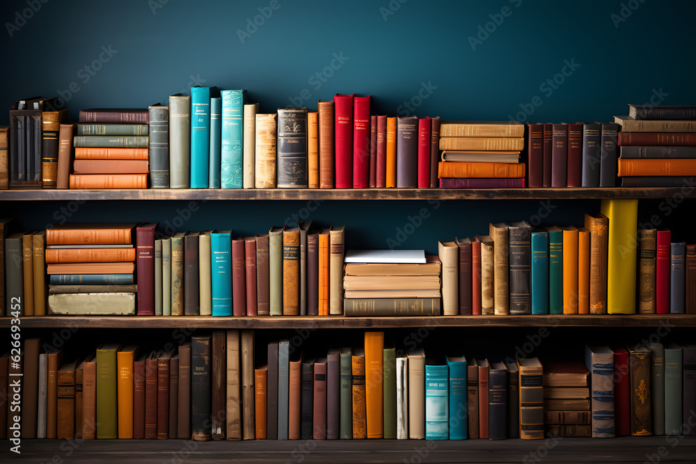 Wooden book shelf filled with books in various shape and sizes, Generative AI Wooden book shelf filled with books in various shape and sizes, Generative AI