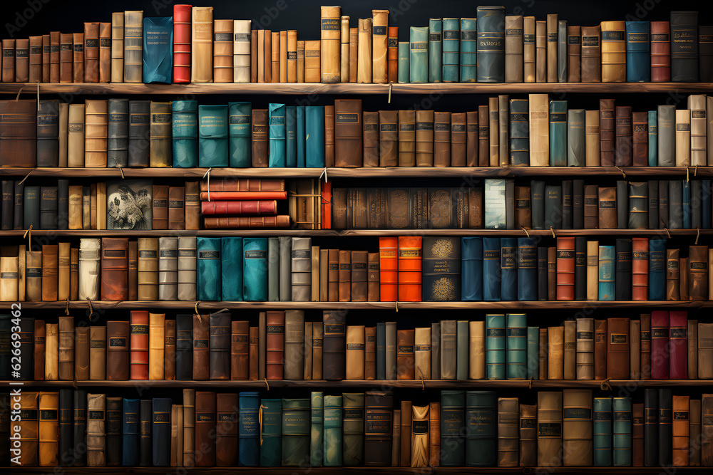 Wooden book shelf filled with books in various shape and sizes, Generative AI Wooden book shelf filled with books in various shape and sizes, Generative AI
