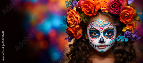 Girl with skull face paint and roses in hair celebrating Day of the Dead, wide banner, copyspace
