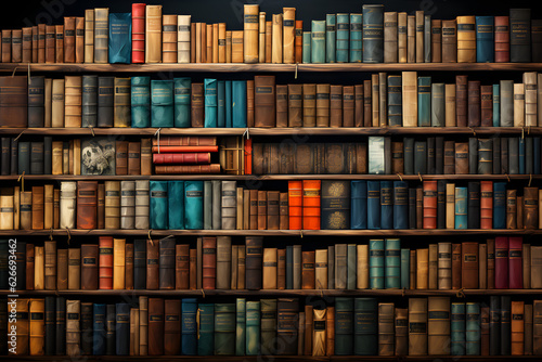 Wooden book shelf filled with books in various shape and sizes, Generative AI