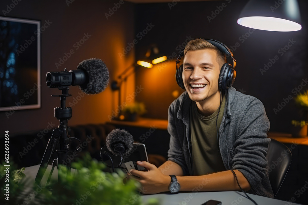 A young male technology content creator, acting as a social media influencer, recording a video for his online audience A young male technology content creator, acting as a social media influencer, recording a video for his online audience