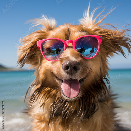 image of happy dog on vacation beach with sunglasses. created using generative ai © Mediaverse