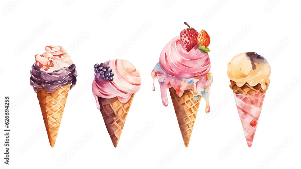 Watercolor clip art set with colorful icecream
