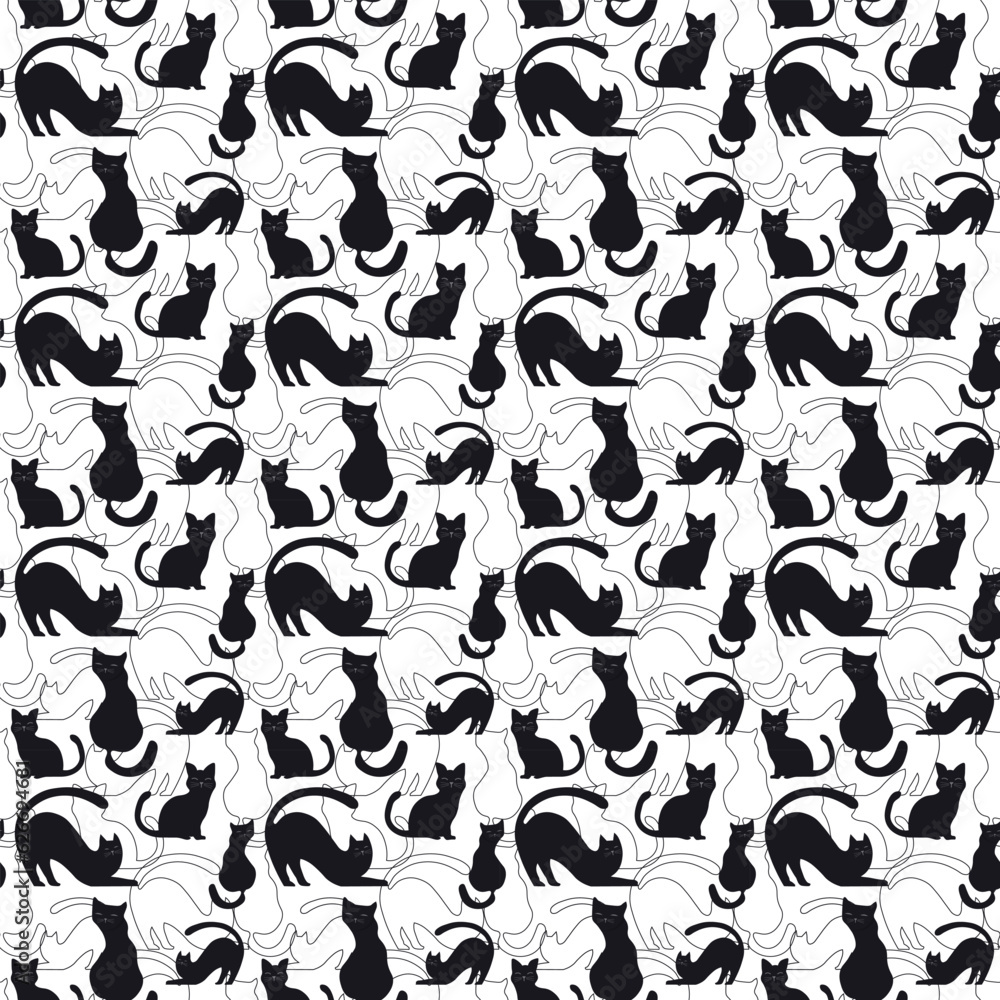Naklejka premium Pattern with black cats and stroke. Vector. For brochures, advertising, flyers and design, fabrics and prints. Cartoon style.