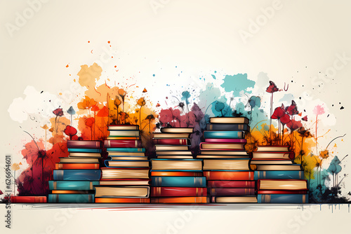 Illustrated piles of books in various sizes and colors, colorful paint in the background, Generative AI photo