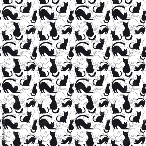 Pattern with black cats and stroke. Vector. For brochures, advertising, flyers and design, fabrics and prints. Cartoon style.