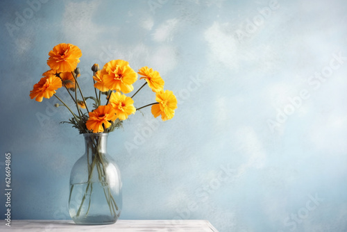 Feminine Floral Charm: Delicate Wall Mockup Adorned with Bright Marigold Blooms, Generative AI