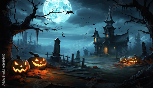 Casa del terror en un bosque con cementerio, con calabazas naranjas con cara, concepto halloween.ilustracion de ia generativa