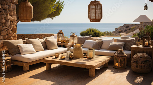 patio con chillout ibicenco, con sofas de madera y decoraciones naturales.ilustracion de ia generativa. ilustracion de ia generativa photo