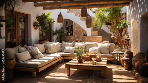 patio con chillout ibicenco, con sofas de madera y decoraciones naturales.ilustracion de ia generativa